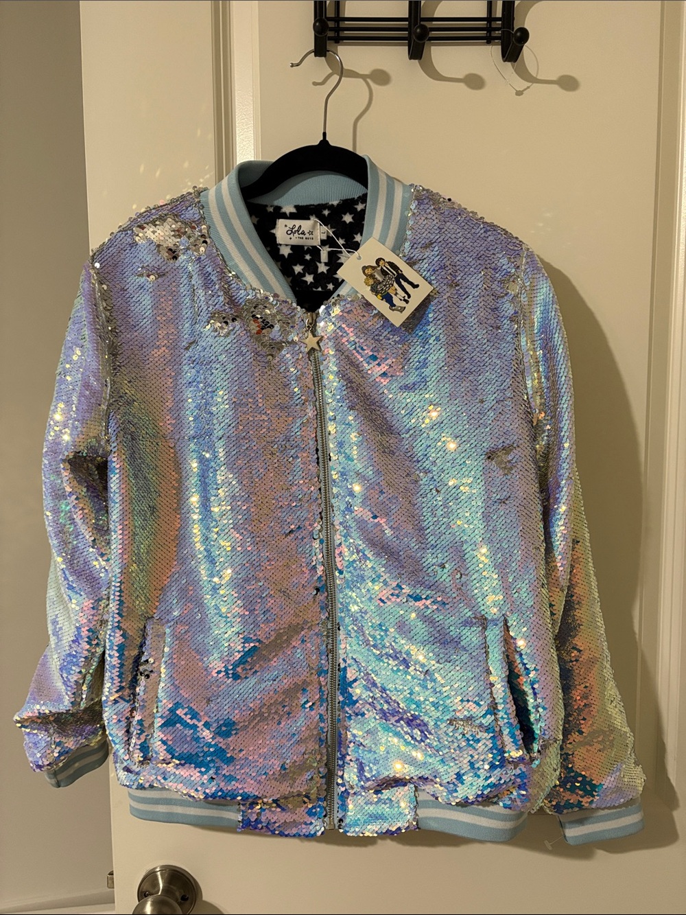 Lola And The Boys Iridescent Angel Wings Flip  Bomber Jacket